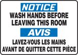 NOTICE-WASH HANDS BEFORE LEAVING THIS ROOM (BILINGUAL FRENCH)