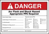Safety Label, Header: DANGER, Legend: ARC FLASH AND SHOCK HAZARD APPROPRIATE PPE REQUIRED INCIDENT ENERGY AT 18 INCHES (CAL/CM2) ___ ARC FLASH HA...