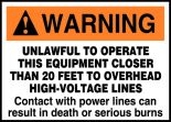 Safety Label, Header: WARNING, Legend: WARNING UNLAWFUL TO OPERATE THIS EQUIPMENT CLOSER THAN 20 FEET TO OVERHEAD HIGH-VOLTAGE LINES CONTACT WITH...