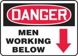 Safety Sign, Header: DANGER, Legend: MEN WORKING BELOW (ARROW)