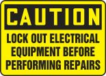 Safety Sign, Header: CAUTION, Legend: LOCK OUT ELECTRICAL EQUIPMENT BEFORE PERFORMING REPAIRS