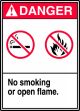 Safety Sign, Header: DANGER, Legend: NO SMOKING OR OPEN FLAME (W/GRAPHIC)
