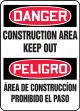 Safety Sign, Header: DANGER/PELIGRO, Legend: DANGER CONSTRUCTION AREA KEEP OUT (BILINGUAL)