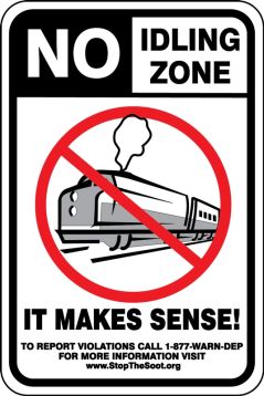 Traffic Sign, Legend: NO IDLING ZONE / IT MAKES SENSE! / TO REPORT VIOLATIONS CALL 1-877-WARN-DEP / FOR MORE INFORMATION VISIT WWW.STOPTHESOOT.OR...