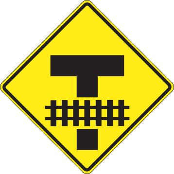 (T-INTERSECTION FOLLOWED BY RAILROAD CROSSING / STORAGE SPACE SIGN) 