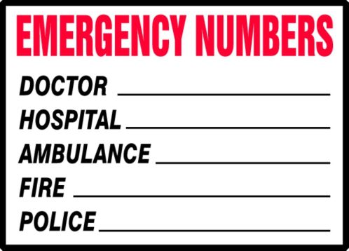 Safety Label, Header: EMERGENCY NUMBERS, Legend: DOCTOR ___ HOSPITAL ___ AMBULANCE ___ FIRE ___ POLICE ___
