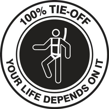Hard Hat Stickers: 100% TIE-OFF YOUR LIFE DEPENDS ON IT