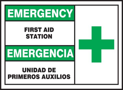 Safety Label, Header: EMERGENCY/EMERGENCIA, Legend: FIRST AID STATION (W/GRAPHIC) (BILINGUAL)