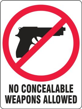 South Carolina Concealed Weapons Safety Sign: No Concealable Weapons Allowed