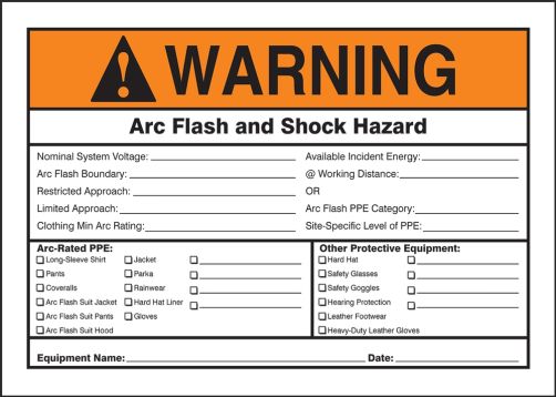 Safety Sign, Header: WARNING, Legend: ARC FLASH AND SHOCK HAZARD APPROPRIATE PPE REQUIRED ___ FLASH HAZARD BOUNDARY ___ INCIDENT ENERGY AT 18 INC...