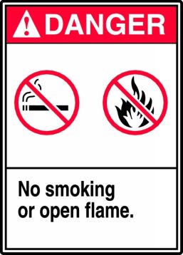 Safety Sign, Header: DANGER, Legend: NO SMOKING OR OPEN FLAME (W/GRAPHIC)