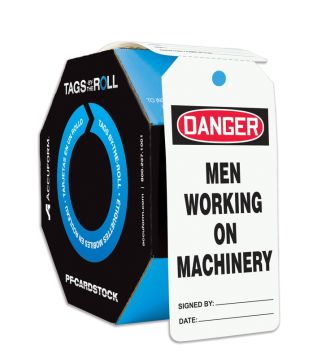 Safety Tag, Header: DANGER, Legend: DANGER MEN WORKING ON MACHINERY