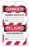 Safety Tag, Header: DANGER/PELIGRO, Legend: DANGER LOCKED OUT DO NOT OPERATE (BILINGUAL SPANISH)