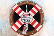 Bilingual OSHA Danger Flanged Pipe Barrier Kit: Confined Space - Enter By Permit Only