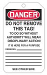 Safety Tag, Header: DANGER, Legend: Danger Keep Away Contaminated Area