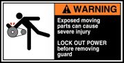 EXPOSED MOVING PARTS CAN CAUSE SEVERE INJURY LOCK OUT POWER BEFORE MOVING GUARD (W/GRAPHIC)