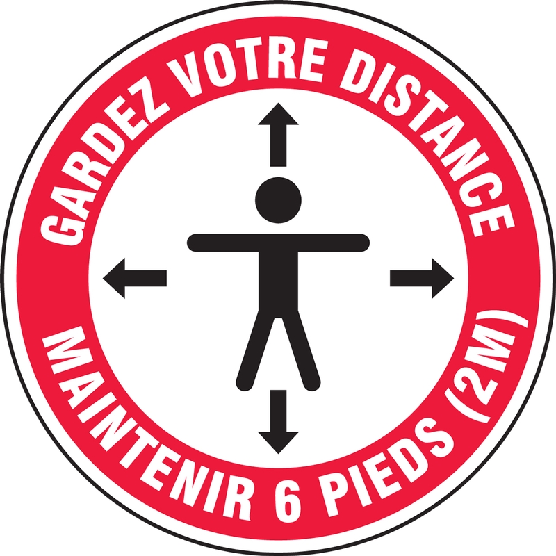 keep your distance maintain 6 ft (w/ hard hat human and arrows symbol)