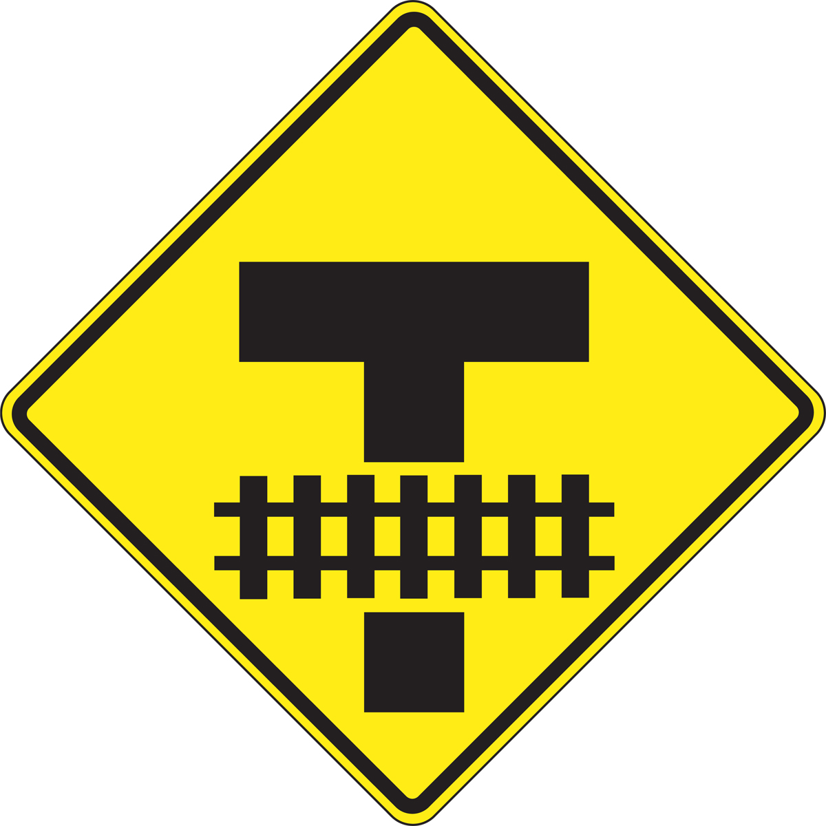 (T-INTERSECTION FOLLOWED BY RAILROAD CROSSING / STORAGE SPACE SIGN) 