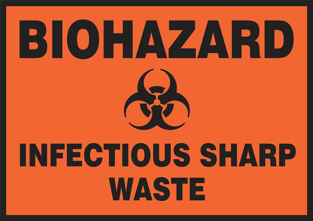Safety Label, Header: BIOHAZARD, Legend: INFECTIOUS SHARP WASTE (w/graphic)