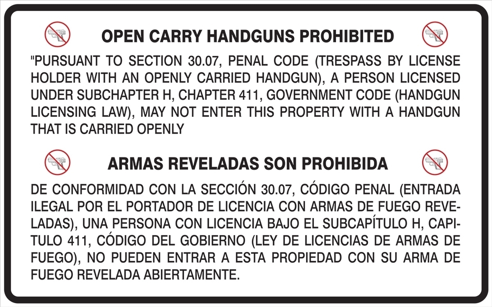Texas open/concealed weapons signs. Meets Texas Department of Public Safety requirements (Penal Code Section 30.07)