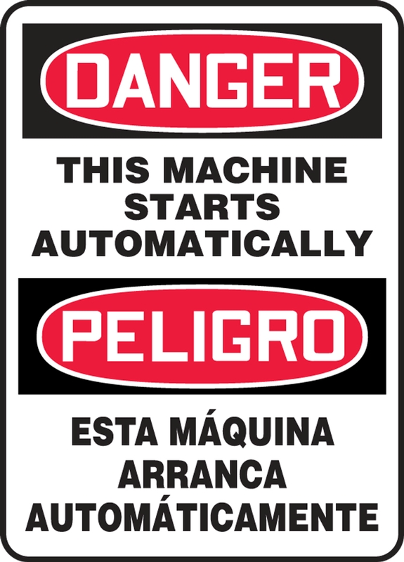 Safety Sign, Header: DANGER/PELIGRO, Legend: THIS MACHINE STARTS AUTOMATICALLY (BILINGUAL)