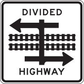 Rail Sign: Divided Highway with Light Rail Transit Crossing