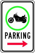 Traffic Sign: (Motorcycle Graphic) Parking (Right Arrow)