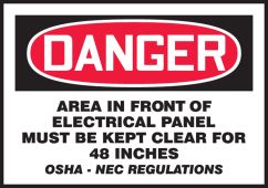 OSHA Danger Safety Labels: Area In Front Of Electrical Panel Must Be Kept Clear For 48 Inches - OSHA-NEC Regulations