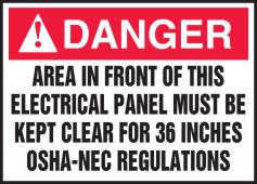 ANSI Danger Safety Label: Area In Front Of This Electrical Panel Must Be Kept Clear For 36 Inches - OSHA-NEC Regulations
