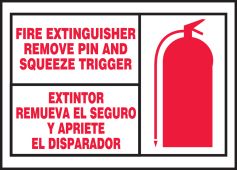 Bilingual Safety Label: Fire Extinguisher - Remove Pin And Squeeze Trigger