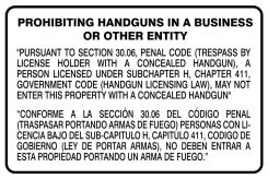 Bilingual Texas 30.06 Regulation Safety Signs: Prohibiting Handguns In A Business Or Other Entity