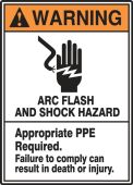 ANSI Warning Safety Sign: Arc Flash And Shock Hazard - Appropriate PPE Required - Failure to Comply Can Result in Death or Injury