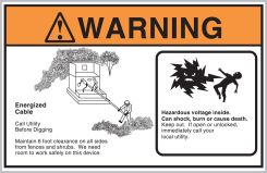 ANSI Warning Safety Label: Energized Cable - Call Utility Before Digging (Mr. Ouch)