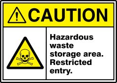 ANSI ISO Caution Safety Signs: Hazardous Waste Storage Area - Restricted Entry.