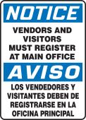 Bilingual OSHA Notice Safety Sign: Vendors And Visitors Must Register At Main Office