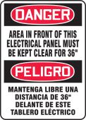 Bilingual OSHA Danger Safety Sign: Area In Front Of This Electrical Panel Must Be Kept Clear For 36 Inches