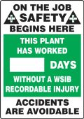 Write-A-Day Scoreboards: On The Job Safety Begins Here: This Plant Has Worked _ Days Without A WSIB Recordable Injury - Accidents Are Avoidable