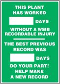Write-A-Day Scoreboards: This Plant Has Worked _ Days Without A WSIB Recordable Injury - The Best Previous Record Was _ Days - Do Your Part!