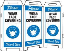 Triple-sided Fold-Ups® Safety Sign: Please Wear Face Covering Thank you