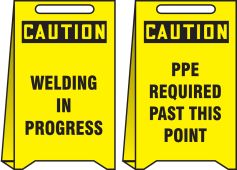 OSHA Caution Reversible Fold-Ups® Floor Sign: Welding In Progress - PPE Required Past This Point