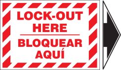 Bilingual Lockout/Tagout Label: Lockout Here (With Arrow)