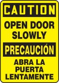 Bilingual OSHA Caution Safety Sign: Open Door Slowly