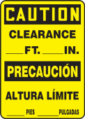 Bilingual OSHA Caution Safety Sign: Clearance Ft. In.