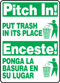 Bilingual Safety Sign: Pitch In! - Put Trash In Its Place
