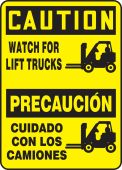 Bilingual OSHA Caution Safety Sign: Watch For Lift Trucks (Graphic)