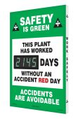 Digi-Day® Electronic Safety Scoreboards: Safety Is Green - This Plant Has Worked _Days Without An Accident Red Day - Accidents Are Avoidable