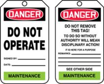 OSHA Danger Safety Tag: Do Not Operate - Maintenance (Color-Coded Department)