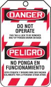 Bilingual OSHA Danger Lockout Tag: Do Not Operate - This Tag & Lock To Be Removed Only By Person Shown On Back
